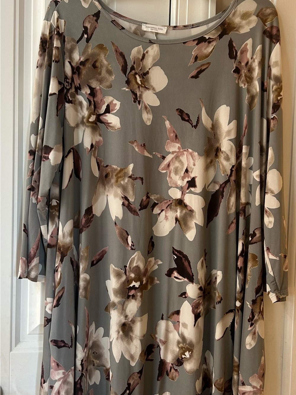 Chic Soul XXL Soft Floral Swing Dress in Gray with Blush Accents